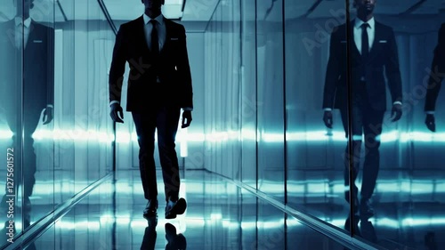A futuristic video scene with a low-angle shot of a man walking in a mirrored hallway, creating a sleek, modern, and reflective atmosphere.