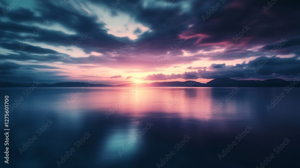 Serene Sunset Over Calm Water Mountainscape Serene Sunset Over Calm Water Mountainscape