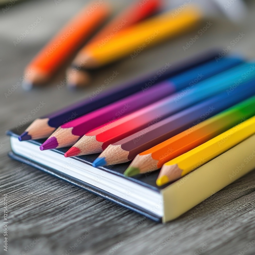 Vibrant Rainbow Colored Pencils on a Notebook Vibrant Rainbow Colored Pencils on a Notebook
