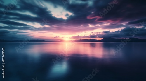 Serene Sunset Over Calm Water Mountainscape