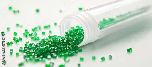 Green polymer granules spill from tube on white