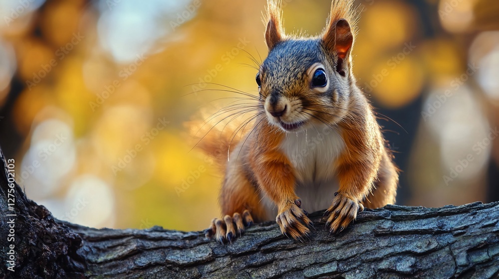 Red squirrel perched on tree branch in autumn. Red squirrel perched on tree branch in autumn.