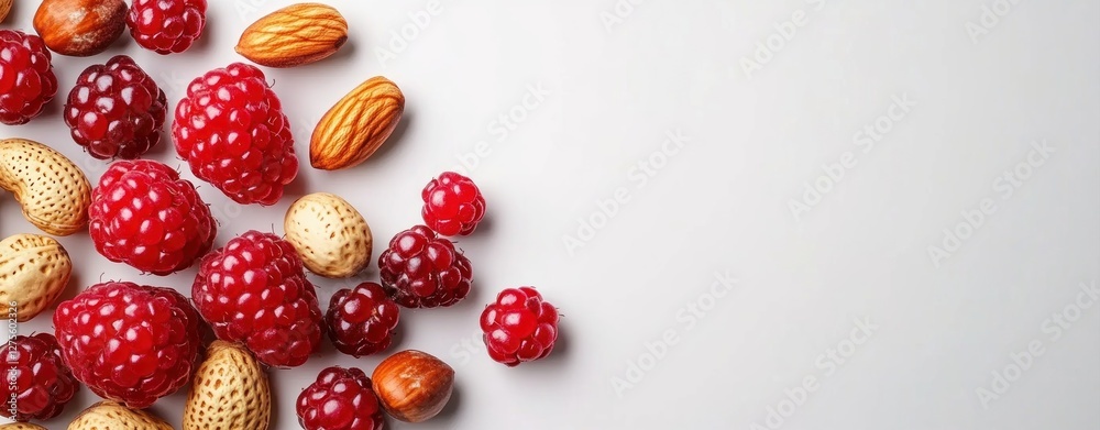 Fresh Raspberries Almonds Hazelnuts Healthy Snack Food Mix White Background Fresh Raspberries Almonds Hazelnuts Healthy Snack Food Mix White Background