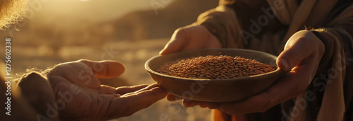 image of jacob from the Bible offering Esau a bowl of lentils in the desert