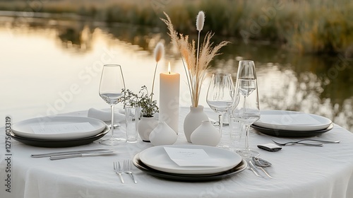 Elegant Lakeside Dinner Setting With Minimalist Decor