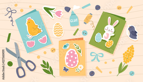 Handmade Easter greeting cards background. Concept Easter banner. Eco-friendly Easter, sustainability. Vector hand drawn illustration.