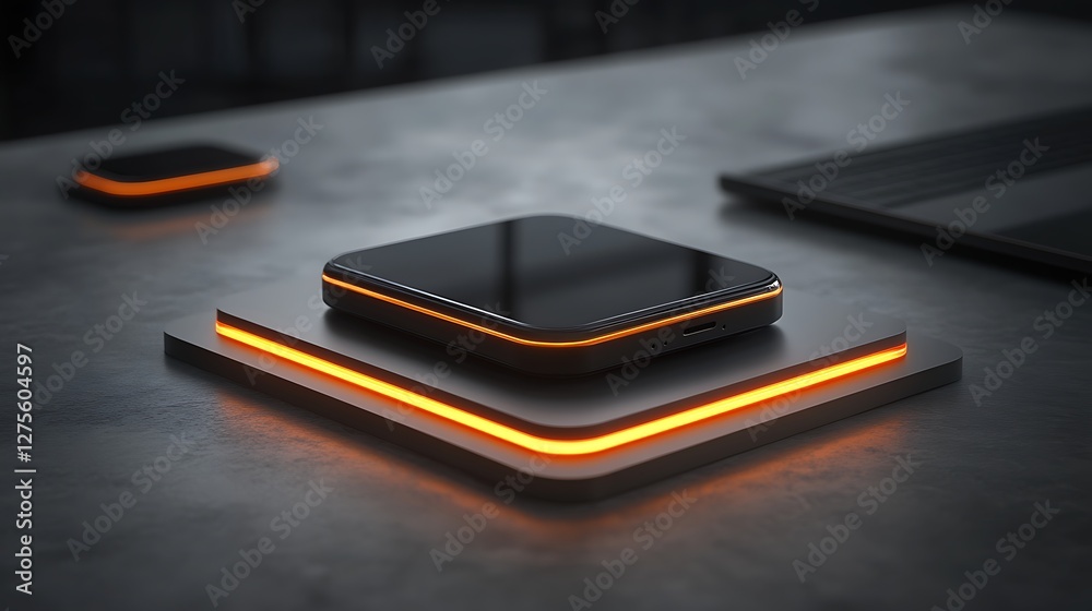 Tech device on desk, office background Tech device on desk, office background