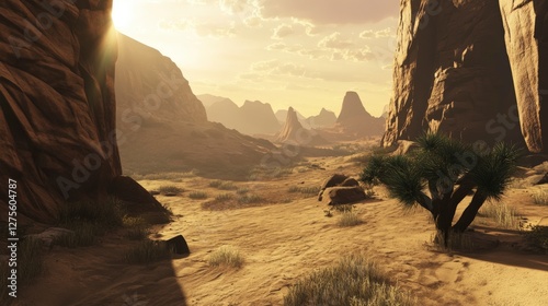 arid land scenery, golden hour desert, canyon views stunning, dramatic desert landscape, scenic desert vista, desert landscape art, rocky terrain beauty, sunlit canyon views, majestic desert canyon