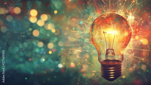 Lightbulb on in abstract  colorful sparks background representation of innovation digital media