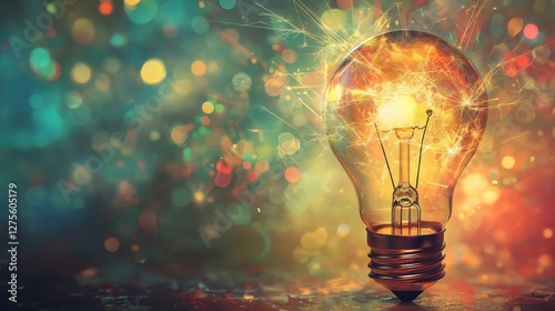 Lightbulb on in abstract  colorful sparks background representation of innovation digital media