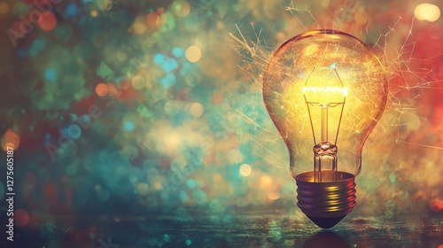 Lightbulb on in abstract  colorful sparks background representation of innovation digital media