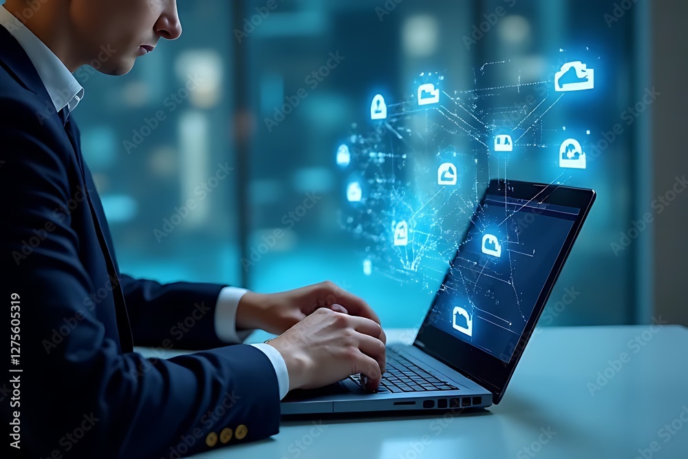 Fototapeta premium A man in a suit works on a laptop with data cloud icons.