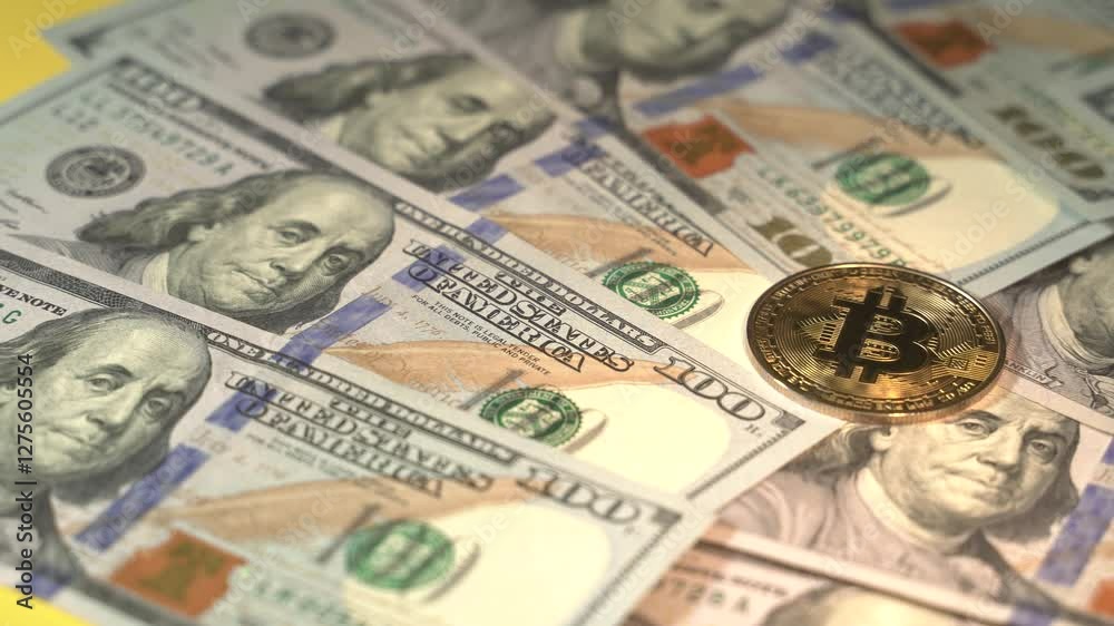 symbol bitcoin dollar euro pound and yen. Financial background made of glow particles as vitrtual hologram. 3D seamless animation with depth of field, bokeh and copy space. Red v5
