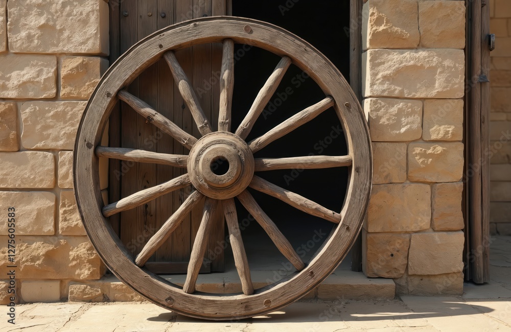 Old wooden wagon wheel leans on beige brick building wall. Antique cartwheel with spokes represents ancient transport, rustic farm. Vintage carriage wheel against stone wall. Old wooden wagon wheel leans on beige brick building wall. Antique cartwheel with spokes represents ancient transport, rustic farm. Vintage carriage wheel against stone wall.