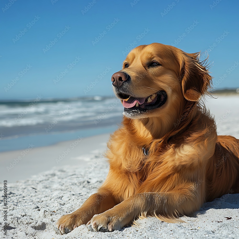 Golden Retriever resting on beach, ocean view