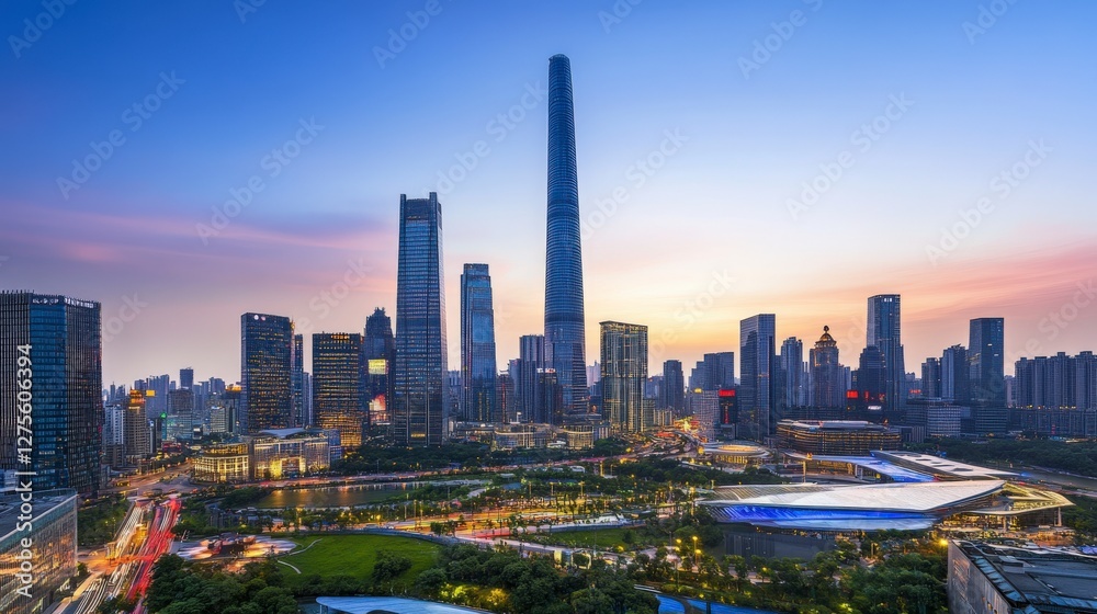 Naklejka premium Awe-inspiring City Skyline at Dusk: A Breathtaking Panorama of Modern Architecture