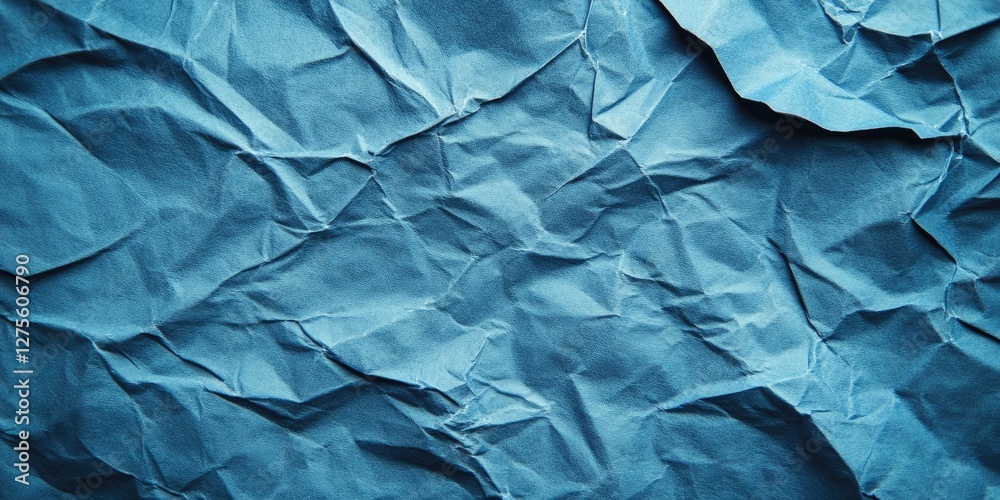 Crumpled blue paper texture close-up with deep creases and shadows creating a rich, layered effect ideal for copy space applications