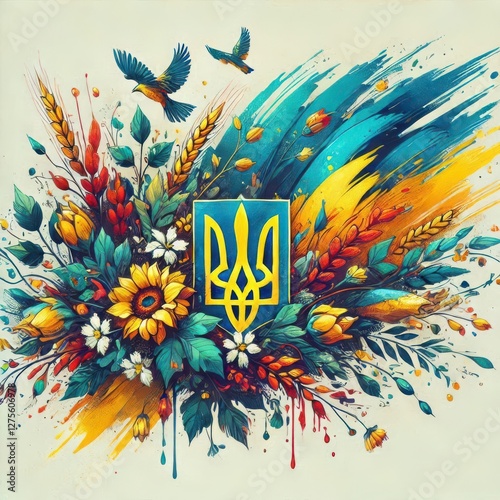 A lively arrangement showcases the beauty of Ukrainian flora and colors, with sunflowers and wheat intertwined, representing cultural pride and unity against a colorful backdrop