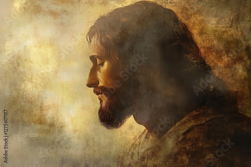 renaissanceinspired digital painting of christ with ethereal light rays and subtle golden highlights on textured canvas