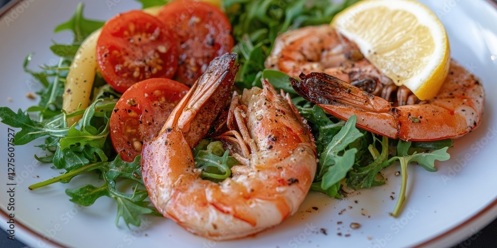 Fresh grilled shrimp served on a bed of arugula with sliced tomatoes and lemon wedges, featuring greens on a white plate with vibrant colors. Fresh grilled shrimp served on a bed of arugula with sliced tomatoes and lemon wedges, featuring greens on a white plate with vibrant colors.