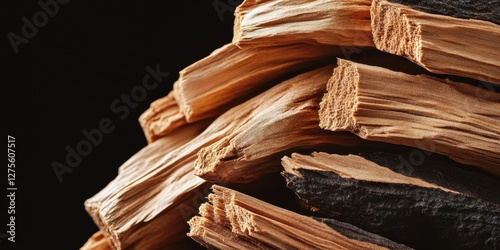 Close up of stacked sandalwood pieces showcasing rich golden and dark brown textures on a black background ideal for artistic compositions