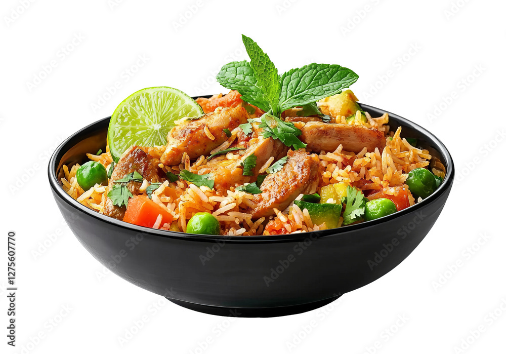 custom made wallpaper toronto digital A realistic photo of biryani with lime and mint, in a black bowl, on a transparent background. PNG format.