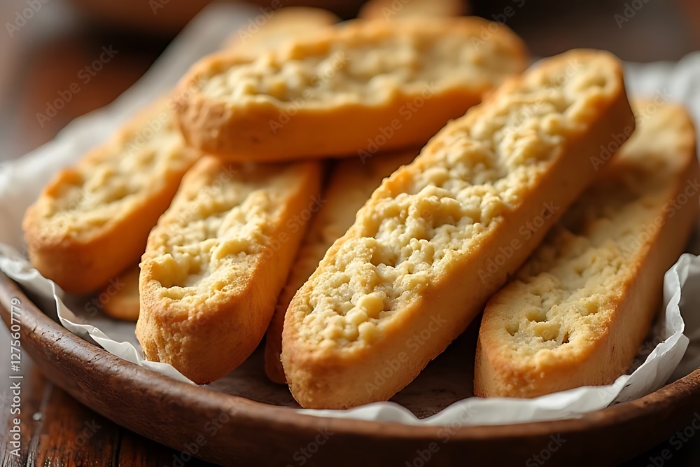 Crisp biscotti cookies are neatly arranged in a rustic wooden bowl. Crisp biscotti cookies are neatly arranged in a rustic wooden bowl.