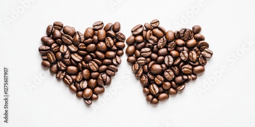 Coffee beans shaped into two hearts on a white background symbolizing love; dark brown beans positioned closely side by side evoke warmth and affection.