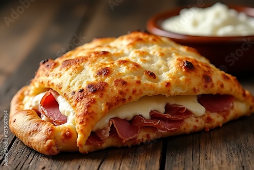 Delicious savory calzone filled with cheese and ham on a rustic wooden table.