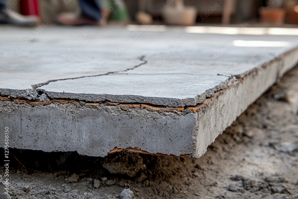 Fototapeta premium Cracked Concrete Slab Reveals a Tale of Wear in a Sunlit Construction Site. Generative AI
