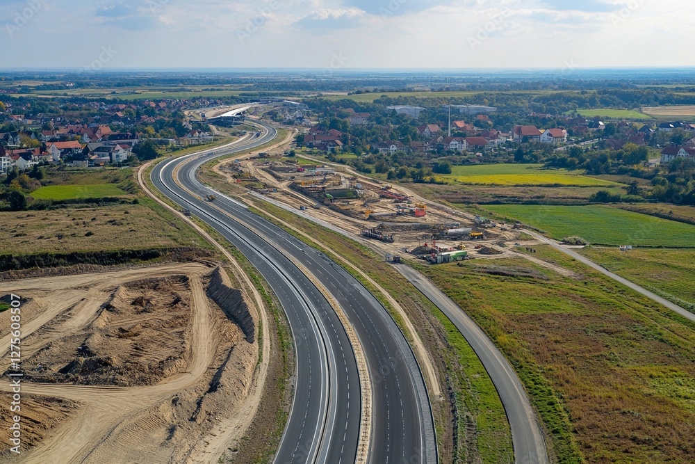 Construction Progress on New Highway Stretching Through Rural Landscape. Generative AI Construction Progress on New Highway Stretching Through Rural Landscape. Generative AI