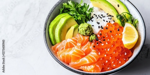 Colorful sushi bowl featuring salmon slices, avocado, wasabi, and salmon roe, garnished with black sesame seeds and lemon, arranged in a stylish ceramic bowl.