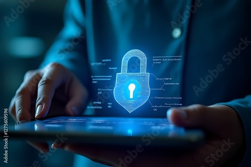 Security professional managing cybersecurity on a tablet, emphasizing digital data protection.