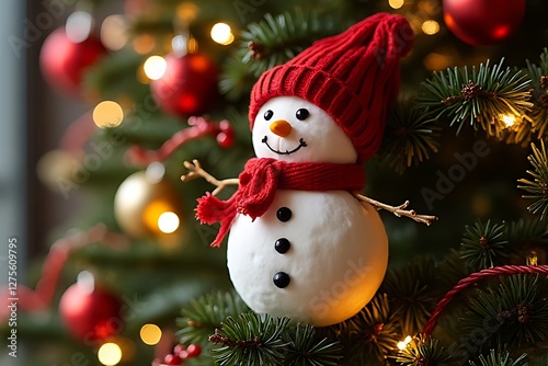Smiling snowman ornament hangs sweetly upon a decorated Christmas tree, festive and bright.