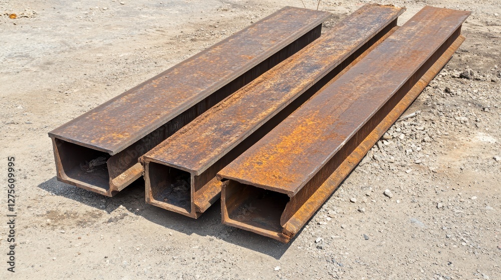 Fototapeta premium Rusty Steel Beams Lying on Construction Site Background in Daylight