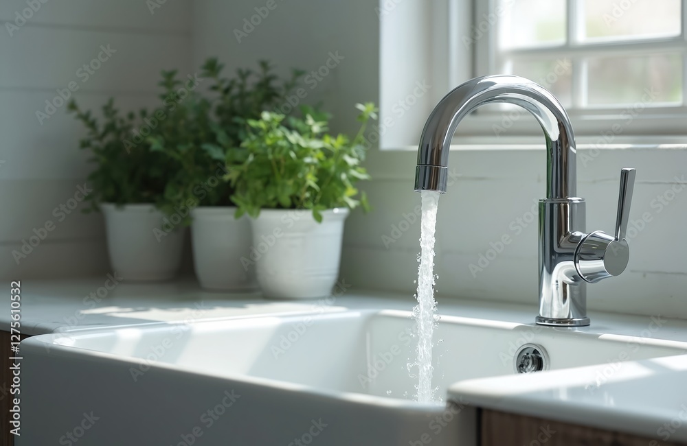 Chrome tap water running to white sink with house plants. Clean kitchen, fresh drinking water concept. Modern interior in daylight symbolizes purity, health. Chrome tap water running to white sink with house plants. Clean kitchen, fresh drinking water concept. Modern interior in daylight symbolizes purity, health.