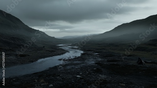 A Misty Mountain Valley River Scene: A Dark and Dramatic Landscape