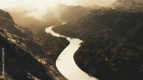 Serene Mountain River Valley Scenery: A Misty Morning View