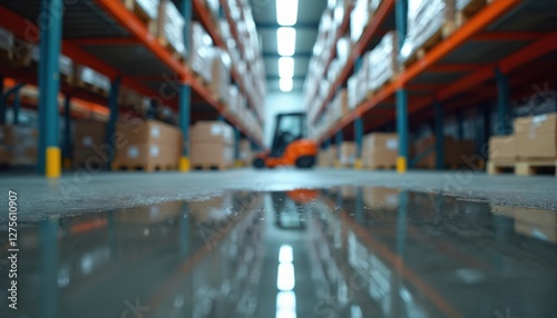 Warehouse wet floor reflects orange shelves, blurred forklift. Industrial activity, logistic, transportation. Modern workplace engagement, movement, operation, conveyance, shipment, storage,