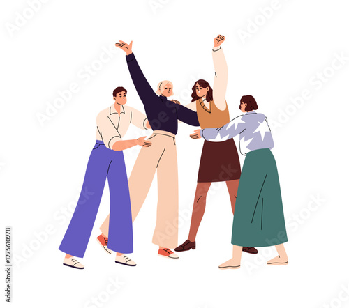 Happy people celebrate teamwork win together. Joyful team hands up, rejoices at work success. Group of friends has fun, excited employee support. Flat isolated vector illustration on white background