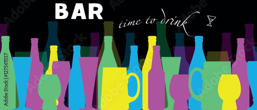 Vector illustration for bar, pub, restaurant menu. Multicolored silhouettes of different alcohol bottles without labels, wine glasses, cocktails