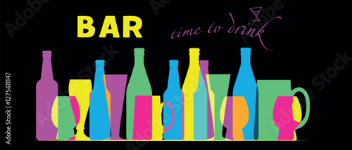 Silhouettes of glasses, alcohol bottles of different types, drinks. Vector illustration for a pub, bar, menu poster. Bright neon colors on a black background