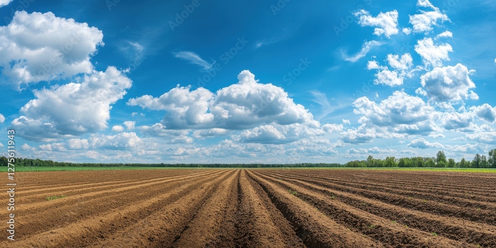 Expansive blue sky with fluffy white clouds over a freshly plowed earthy brown field creating a vibrant nature and agriculture contrast Expansive blue sky with fluffy white clouds over a freshly plowed earthy brown field creating a vibrant nature and agriculture contrast