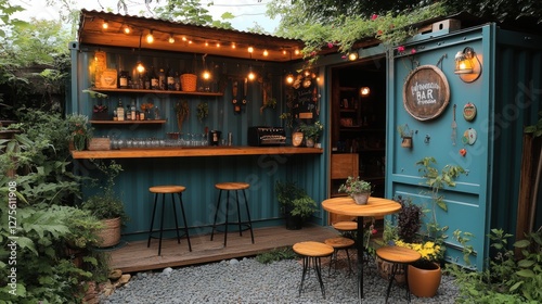 Fototapeta Naklejka Na Ścianę i Meble -  Outdoor shipping container bar, garden, night lights