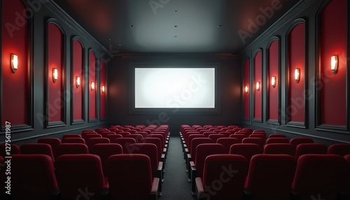 AI generated front view of empty cinema with blank screen. Red chairs rows, dark interior. Showtime. Mock up, ad concept for video, movie industry presentations.