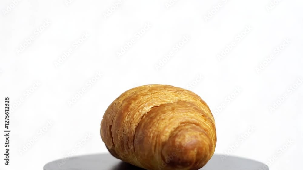 close up of croissant on the rotating machine with white background close up of croissant on the rotating machine with white background