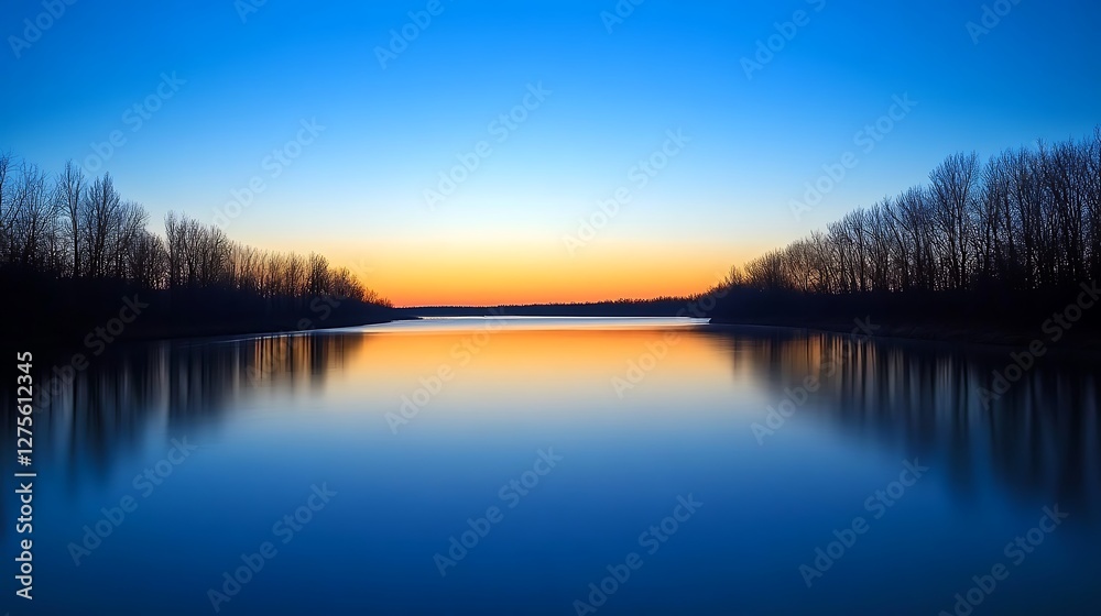Fototapeta premium Serene Sunset Over Calm Water Trees Silhouetted