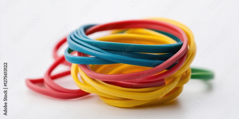 Colorful rubber bands in red, blue, yellow, and green, tangled together on a white background, promote creativity and enhance children's motor skills. Colorful rubber bands in red, blue, yellow, and green, tangled together on a white background, promote creativity and enhance children's motor skills.