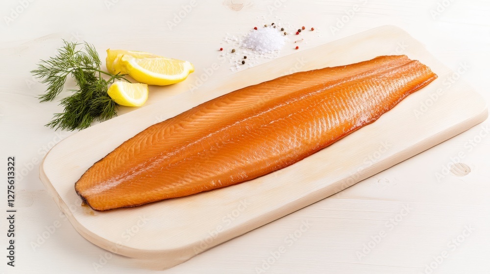 Aromatic Smoked Salmon Delight on a Pristine Wooden Board, Exquisite Culinary Presentation Aromatic Smoked Salmon Delight on a Pristine Wooden Board, Exquisite Culinary Presentation