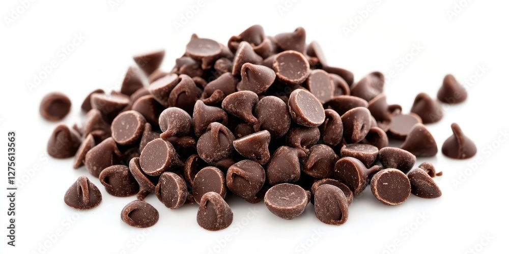 Aromatic dark chocolate chips in a neat pile on a white background, showcasing rich brown tones and glossy surfaces reflecting light. Aromatic dark chocolate chips in a neat pile on a white background, showcasing rich brown tones and glossy surfaces reflecting light.